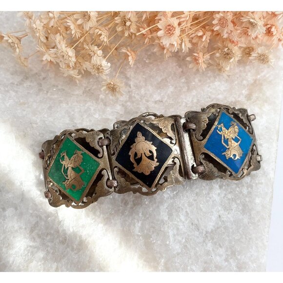 Jewelry - Silver Toned Multicolored Paneled Family Crest Sterling Silver Vintage Bracelet